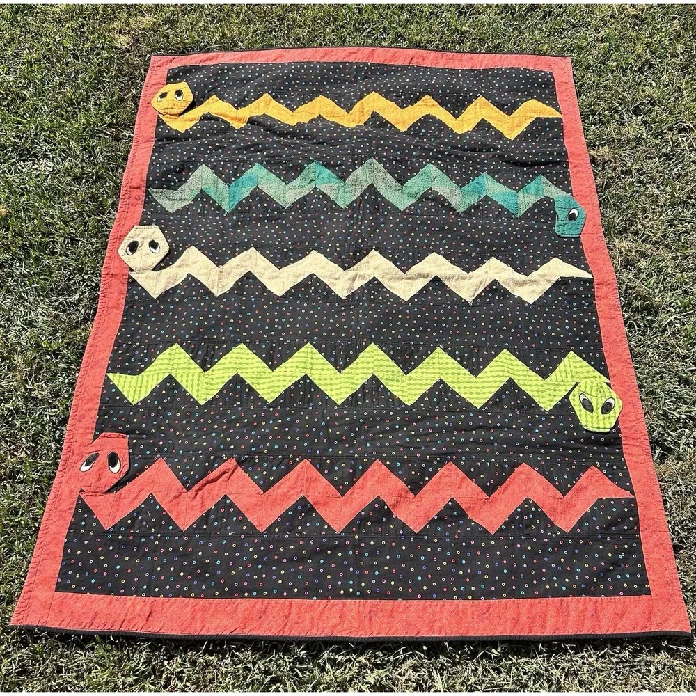 VTG Handmade Patchwork Quilt Snake Pattern Kids Reptile Double Sided 58X45